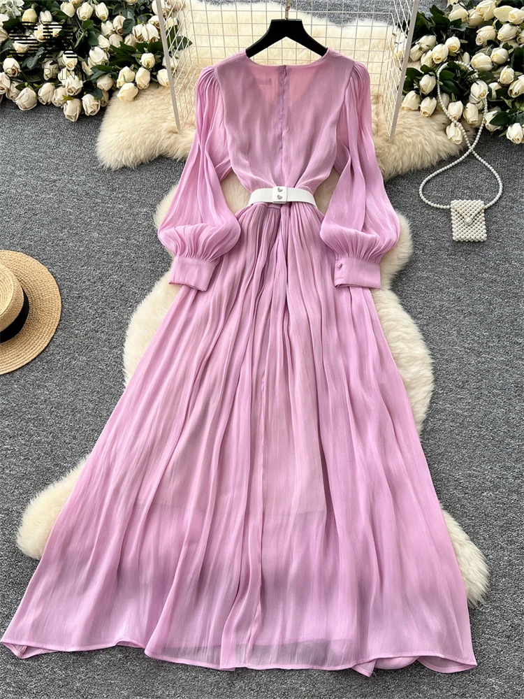 SINGREINY Elegant Chiffon Pleated Dress Lantern Sleeves Zipper Ball Gown  Beading Sashes Design Women Senior Party Loose Dress - AliExpress 200000345