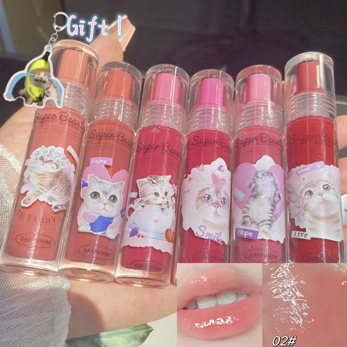 Florte Mirror Water Lip Glaze Rossetto Cute Cat Whitening Lip Plumper Jelly Waterproof Antiaderente Lip Gloss Kit Trucco Coreano