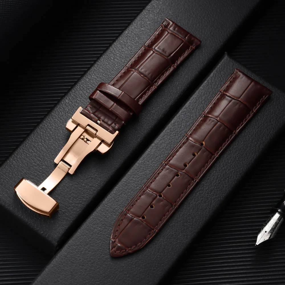 Elegant Leather Watchband with Butterfly Buckle - Universal Strap for Business & Casual Wear