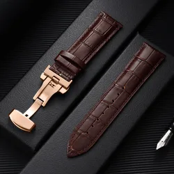Elegant Leather Watchband with Butterfly Buckle - Universal Strap for Business & Casual Wear (Brown - Rose Gold)