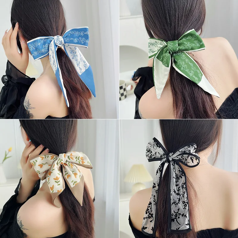 Elegant Khaki Nude Silk Hair Scarf with Vintage Satin Bow Design