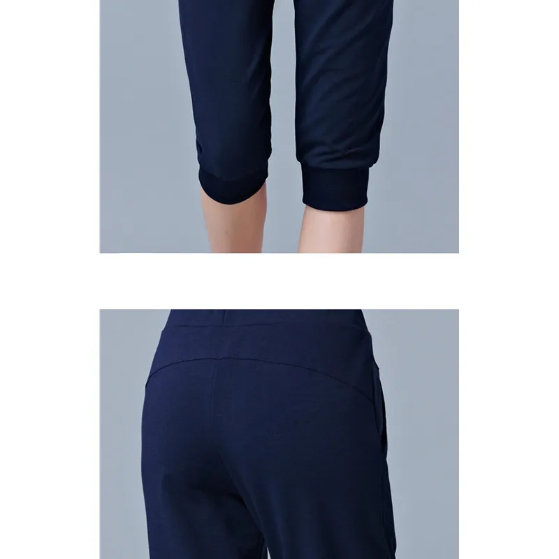 Women Blue High-waisted Stretch Cropped Pants, Summer Gray Lightweight Athletic Harem Pants, Black Drawstring Shorts. 3