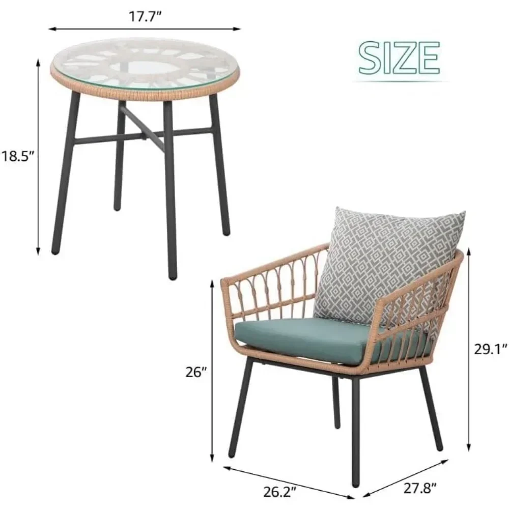 3 Pieces Outdoor Furniture Patio Bistro Set All-Weather Wicker Conversation Set with Tempered Coffee Table, Wicker Chairs
