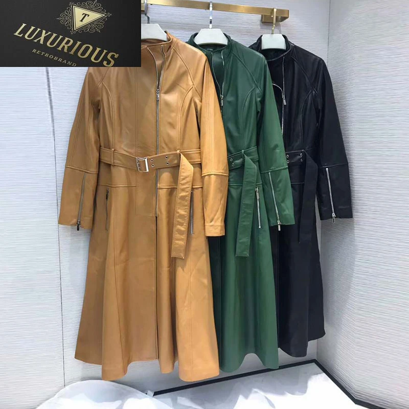 

Spring Ladies Long Genuine Sheepskin Leather Windbreak with Belt Fashion Women O-neck Zipper Lambskin Trench Coats