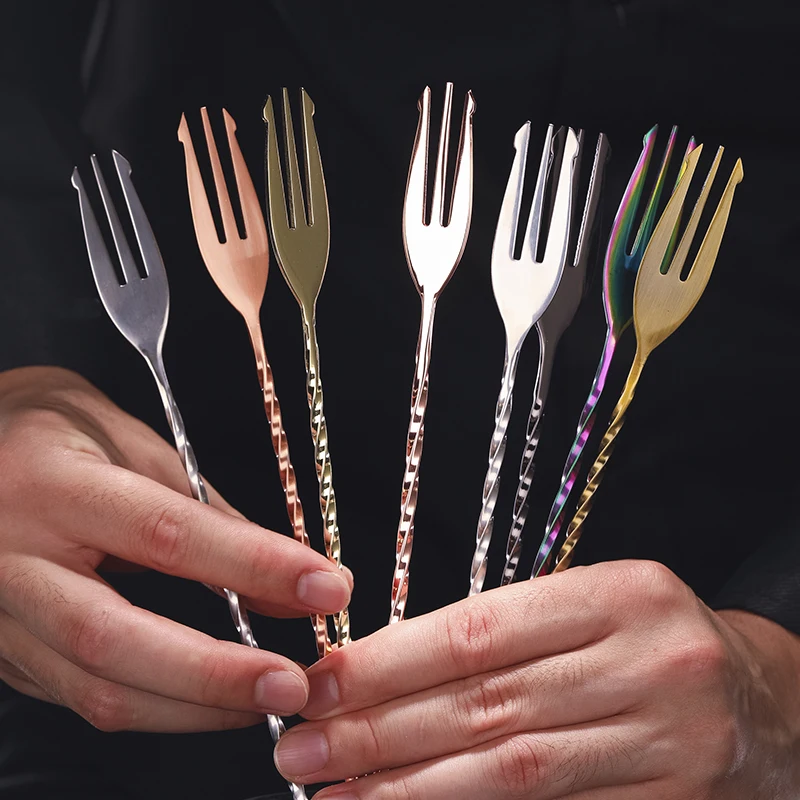 Cocktail Spoon Cocktail Stirrers Trident barspoon full twisted stem handle cocktail spoon Bartender Tool For Mixing Glasses Swizzle Stick