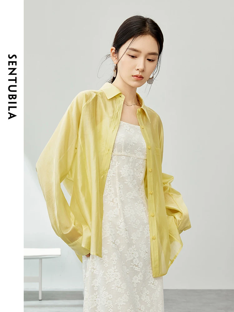 SENTUBILA Simple Loose Long Sleeve Casual Blouse 2024 Spring Summer Solid Polo Collar Button Up Women's Shirt Clothing 141C53439