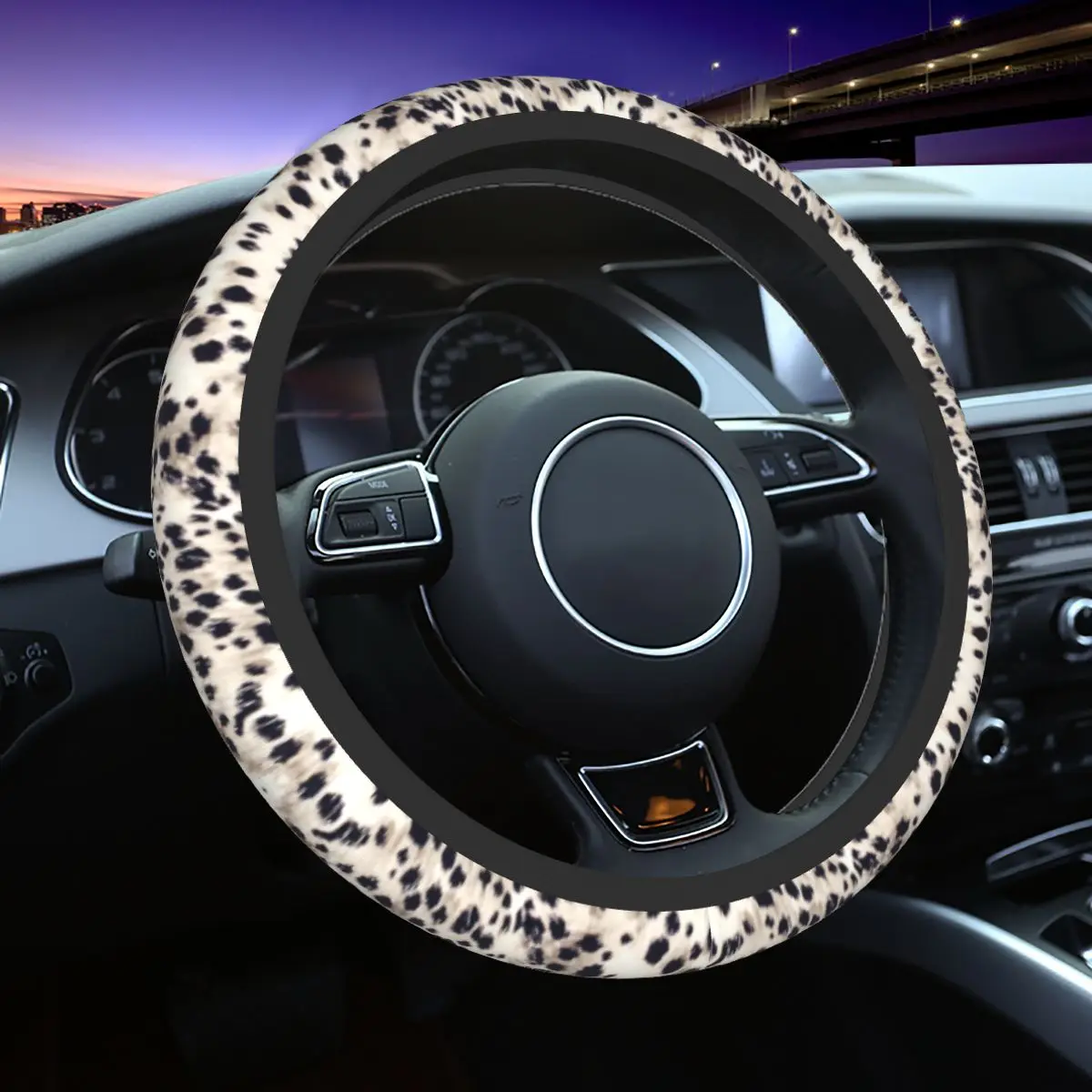 Faux Animal Fur Snow Leopard Car Steering Wheel Cover 38cm Antislip