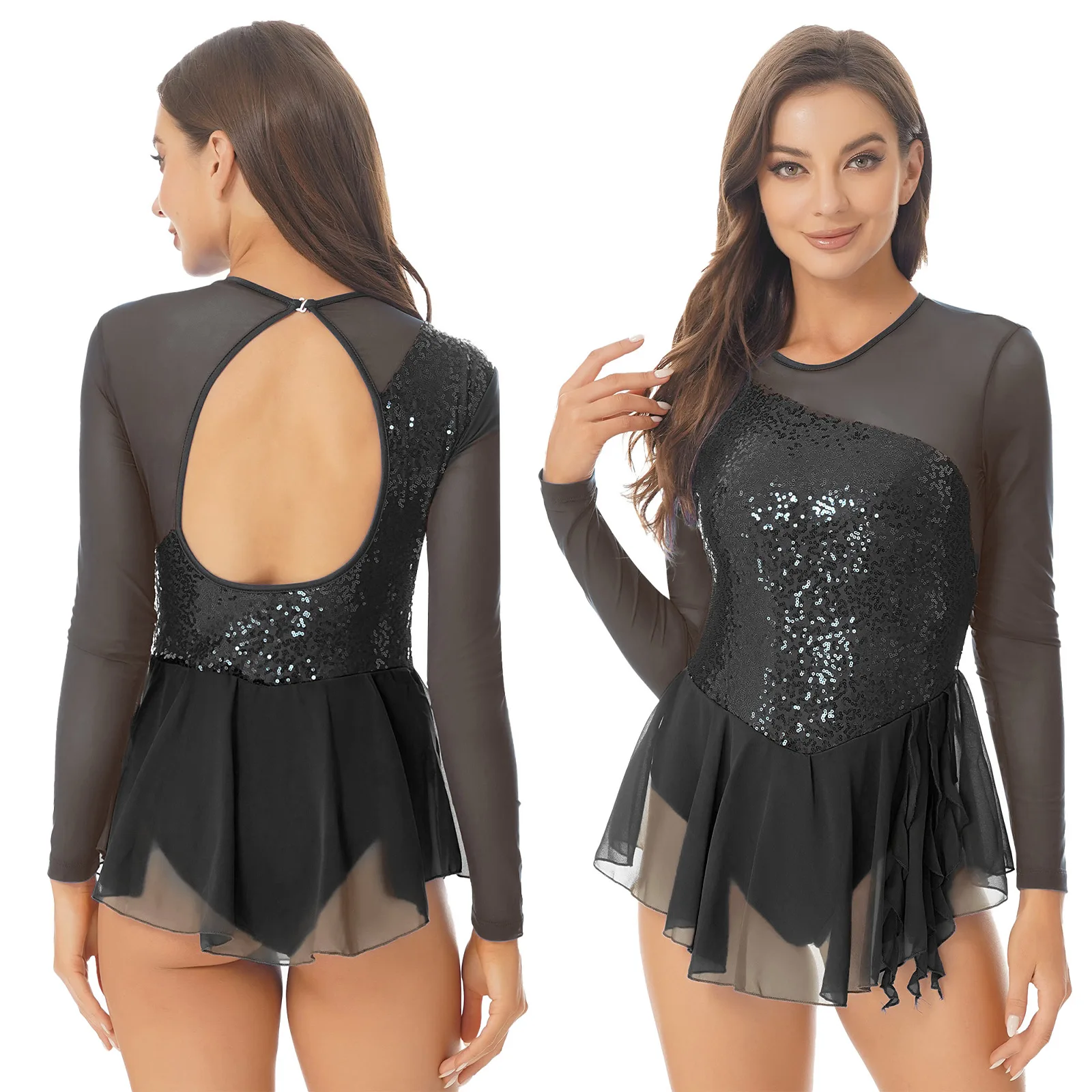 Women Long Sleeve Figure Skating Dance Dress Shiny Modern Ballet Gymnastics Leotard Tutu Dress Performance Competition Dancewear ice skating costume,women ballroom leotard