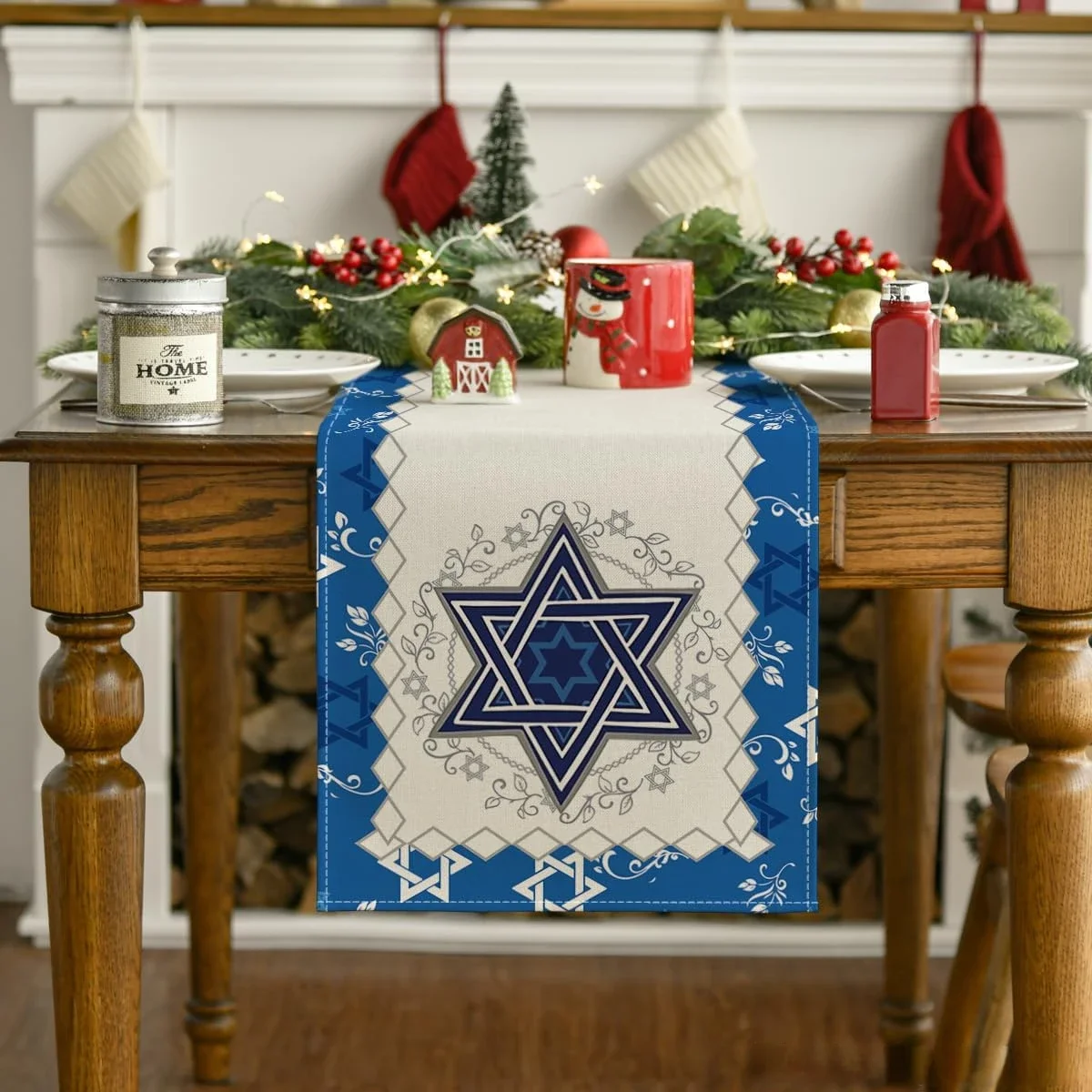 Passover Linen Table Runner – Star of David & Menorah Design 2