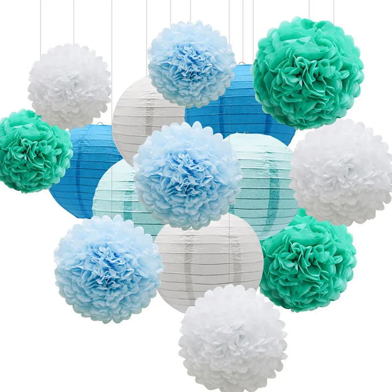 Tanie Biały niebieski papier latarnie Tissue Party kula z kwiatów papier dekoracyjny pompony