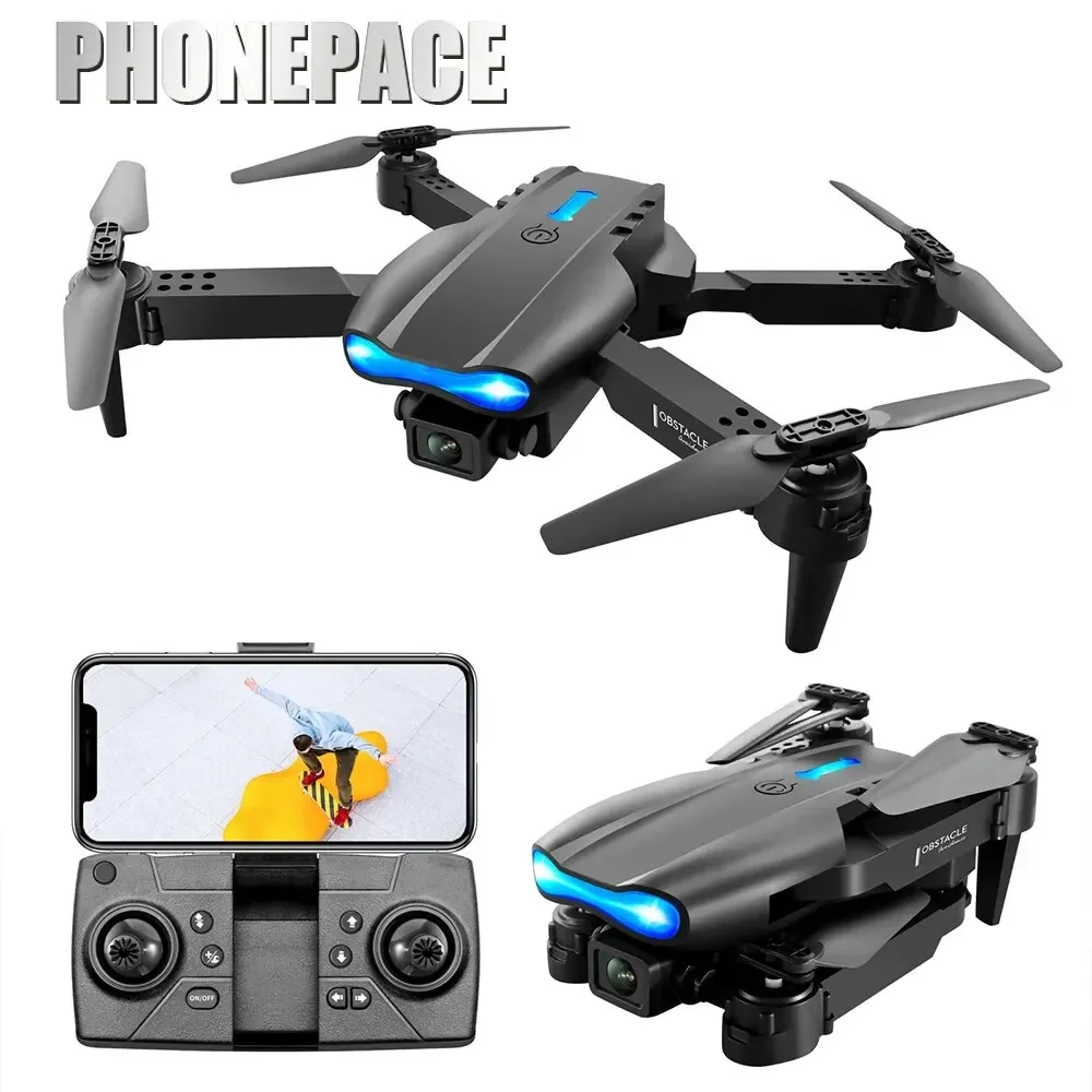 Vue de dessus du Drone E99 4K avec caméra noir, montrant les quatre rotors et la caméra intégrée