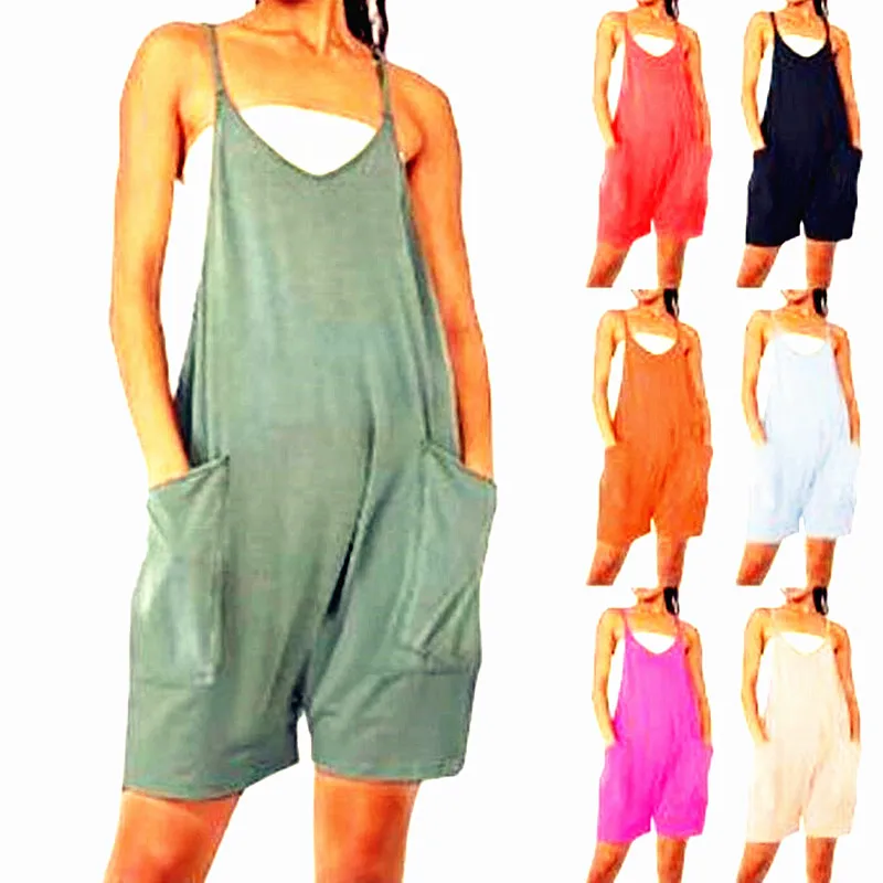 

Harem Jumpsuit Spaghetti Long Camis Zipper Pocket Summer Loose Rompers Overall Jumpsuit Playsuits Pocket Shorts Bodysuits Women