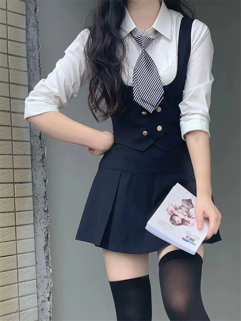 American Hot Girl Style Short Skirt Pleated Skirt Suit JK Uniform Suit Short-sleeved Shirt and Tie Female Summer Vest Shirt Sets