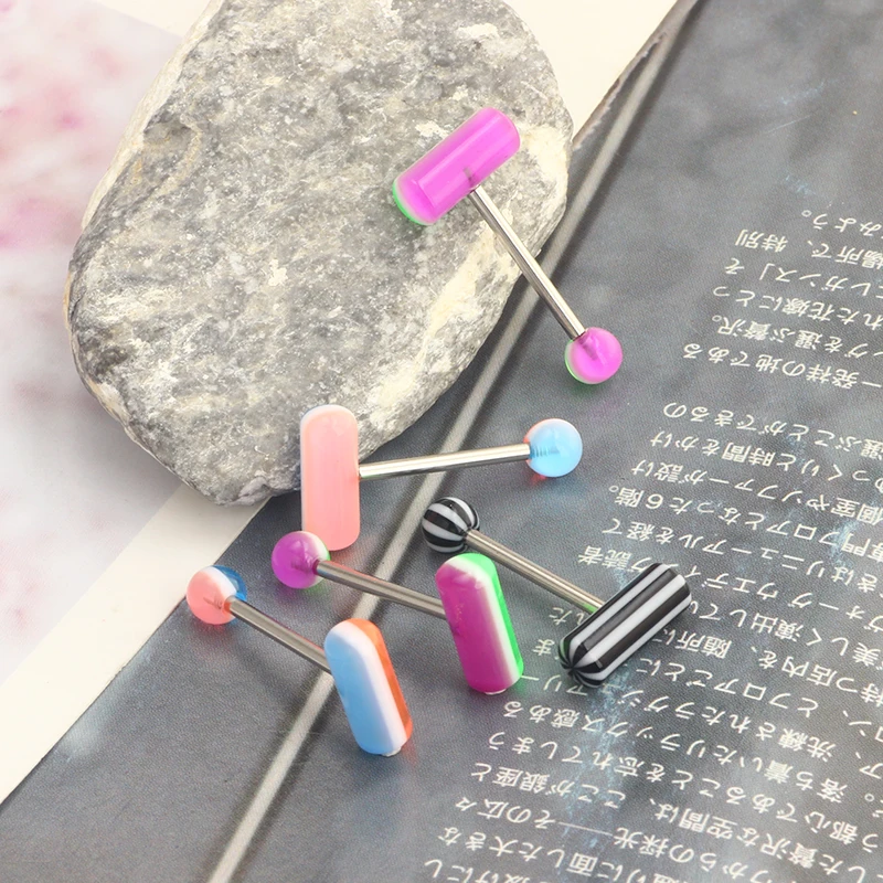 Pill Tongue Ring Barbell 14G Surgical Steel Tongue Rings with Mix-Color Uv Shaped Tongue Piercings Tongue Ring with Ball Piercin