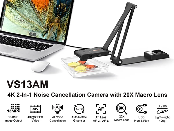 VIISAN VS13AM 13MP Book & Document Scanner, 4K@30FPS USB Camera with AI Noise Reduction, Auto-Rotate G-Sensor, AF-C/AF-S Lens, 2