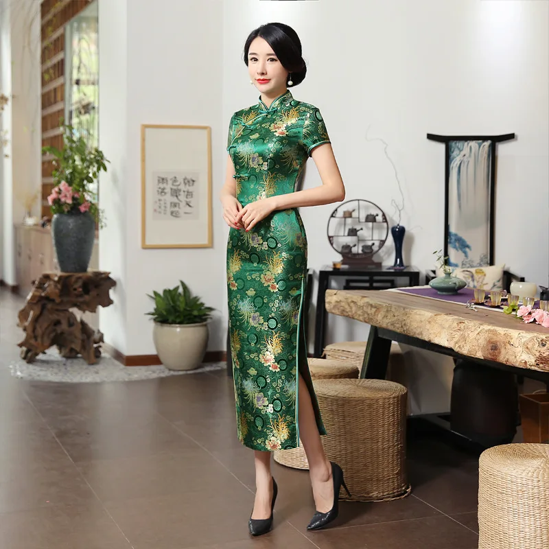 Green Brocade Satin Qipao Flower Mandarin Collar Cheongsam High