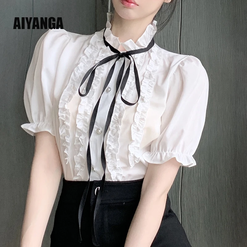 

Ruffled Summer Office Lady Work Wear Women Single Breasted Button Solid Stand Collar Top White Shirts Blouses 2023