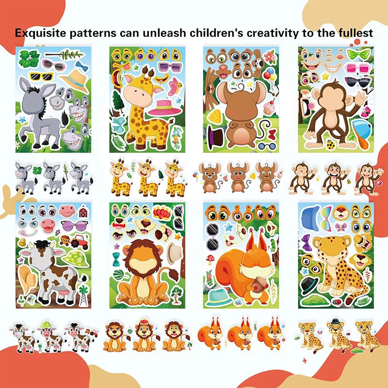 Cartoon Jungle Animal Stickers for Kids Toddler Make Your Own Animal Make-a-face Sticker Sheets Children DIY Puzzle Jigsaw Toys Cartoon Stickers Cartoon Animal Stickers Animal Stickers Puzzle Stickers Decorative Stickers