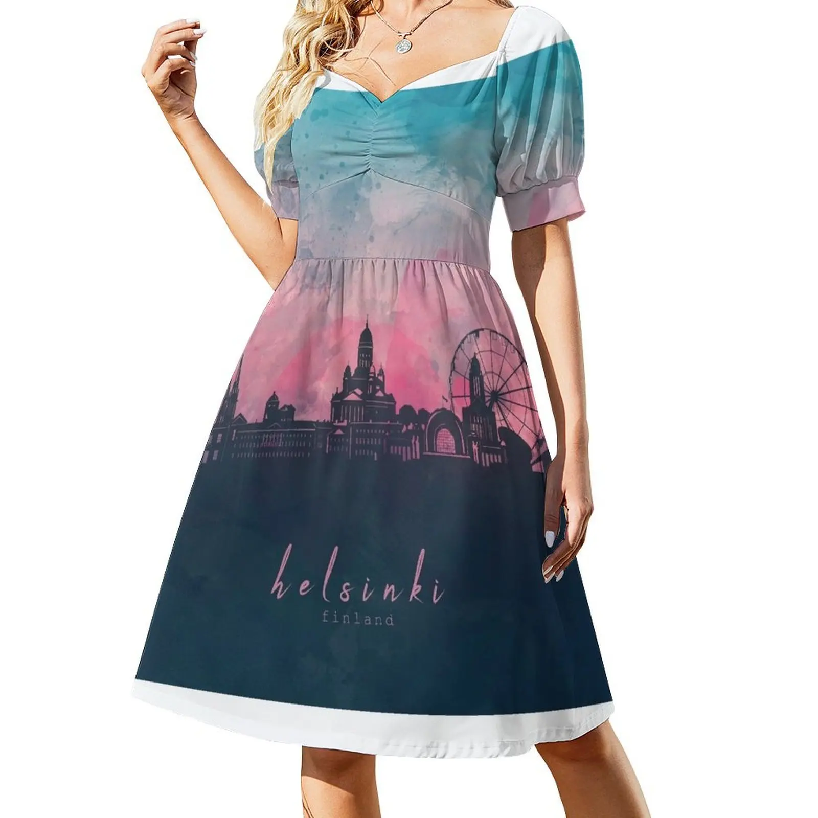 thumbnail image 1 of Vestido de manga corta con estampado de Helsinki Skyline, vestido de falda para mujer, vestidos de playa, ropa, 1 of 7