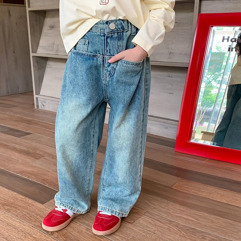 

Children Pocket Wide Leg Pants 2023 New Fashionable Spring Autumn Boys and Girls Korean Style Personality Casual Straight Jeans