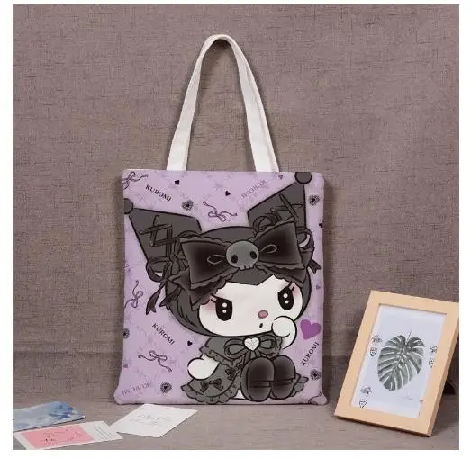 Bolsa Hello Kitty com zíper para mulheres, desenhos animados, cinnamoroll, curomiins, lona fresca pequena, um ombro, portátil, moda simples