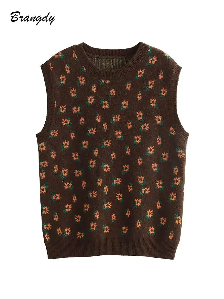 

Traf Sweater Vest Women O-neck Jacquard Chunky Sweater Vintage Kintted Waistcoats Autumn Vest Pullovers Sleeveless Sweater Top