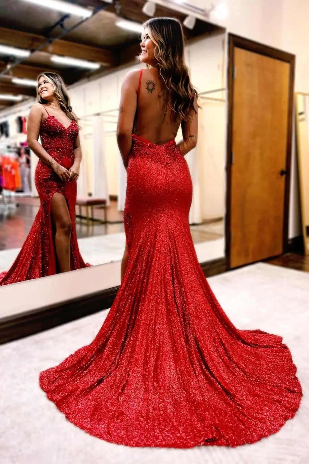 

Red Sequined High Split Prom Dresses Sparkly Appliques Beaded Pearls Mermaid Exquisite Formal Party Evening Gown Vestido De Gala