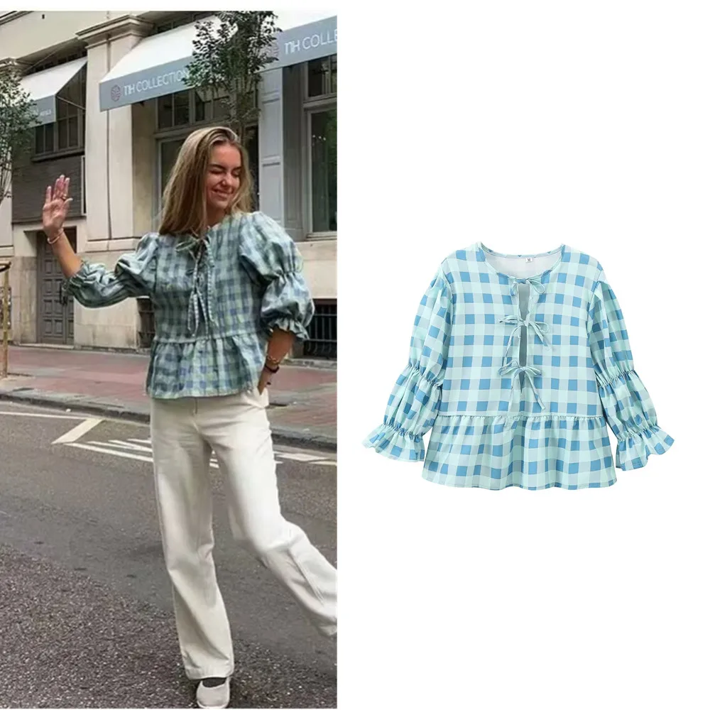 

BSK&TRAF Women's 2024 Summer New Fashion European and American Sweet Casual Strap Round Neck Puff Sleeve Versatile Shirt