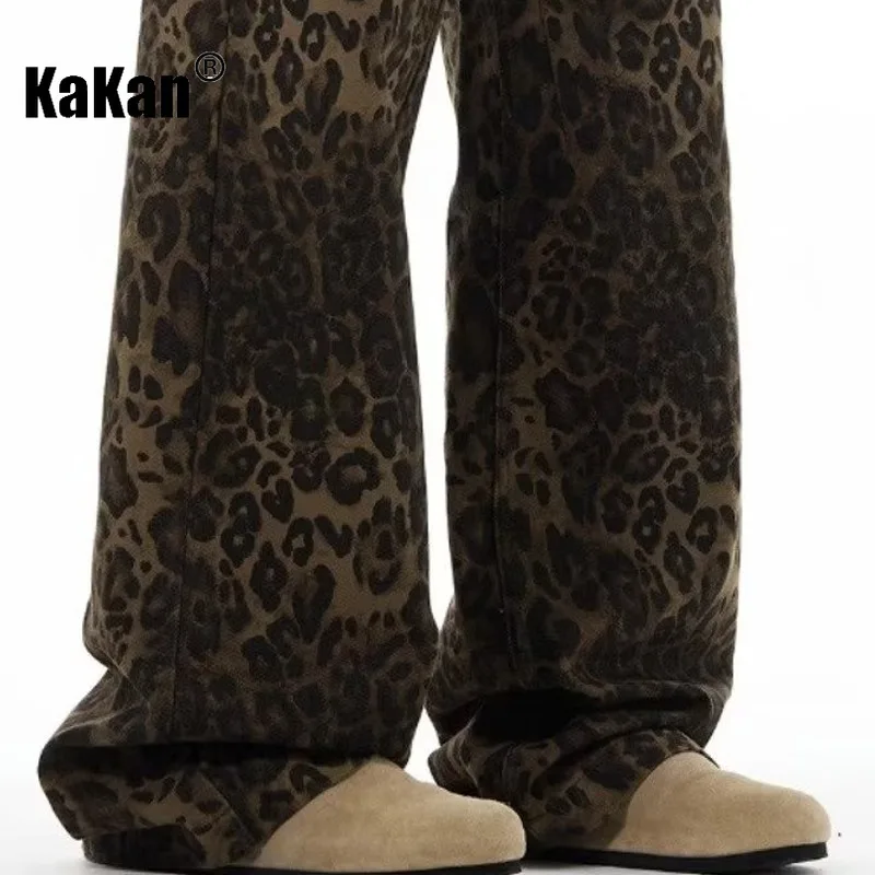 Kakan - European and American New Retro Leopard Print Jeans for Men, Straight and Loose Fitting Casual Long Jeans K27