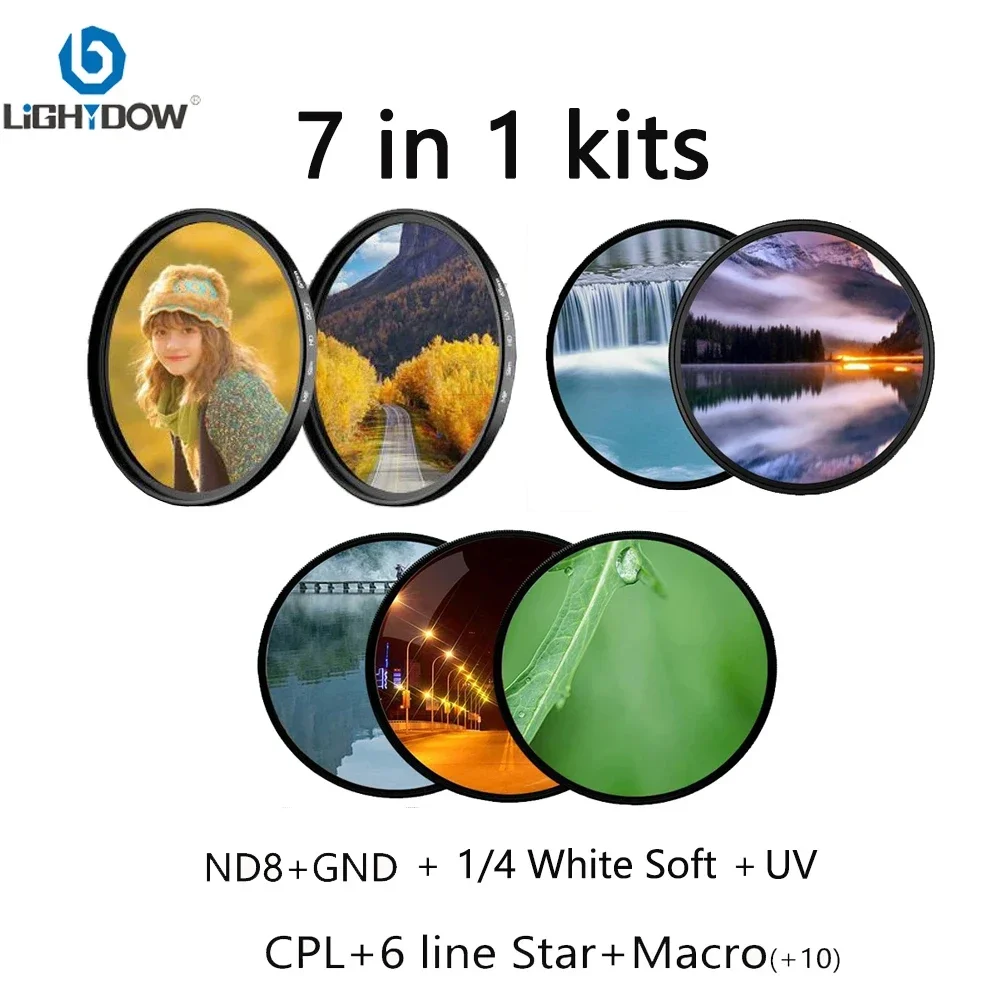 Lens Filter 7 in 1 Kits White Soft 6 line Star 0.9 Graduated Gray CPL Close Up