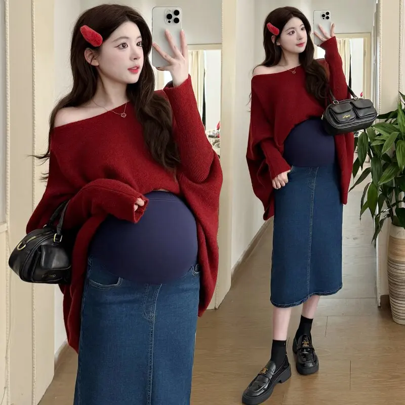 Stretch Denim Maternity Skirt with Split Adjustable High Waist Pencil Skirts for Pregnant Women Y2k Youth Spring Autumn Fashion
