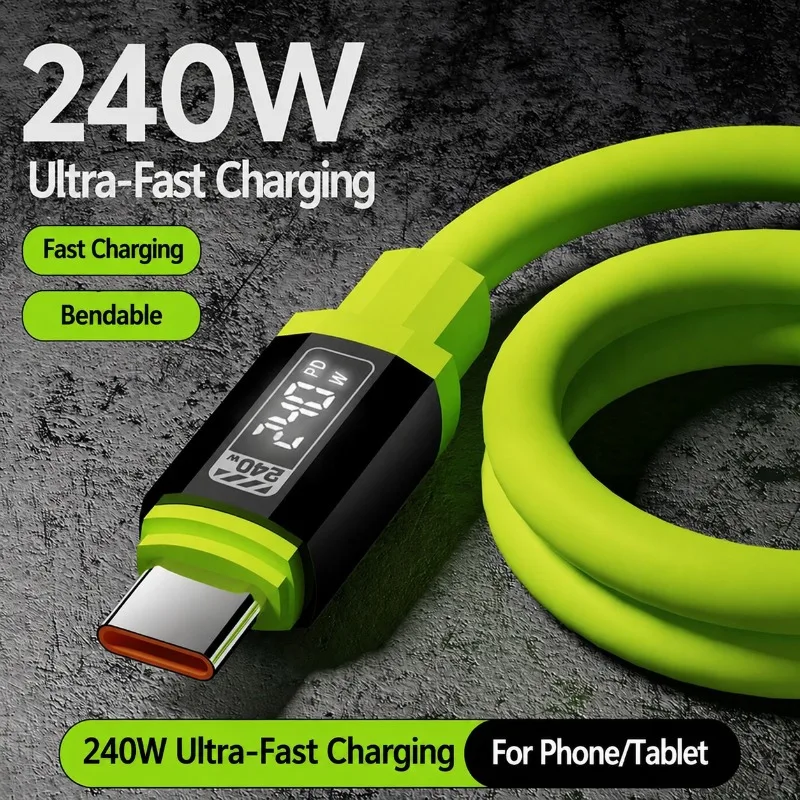 240W 10A 스마트 디지털 디스플레이 와이어 고전력 급속 충전 코드 범용 연결 IOS 안드로이드 화웨이 타입-C 휴대용