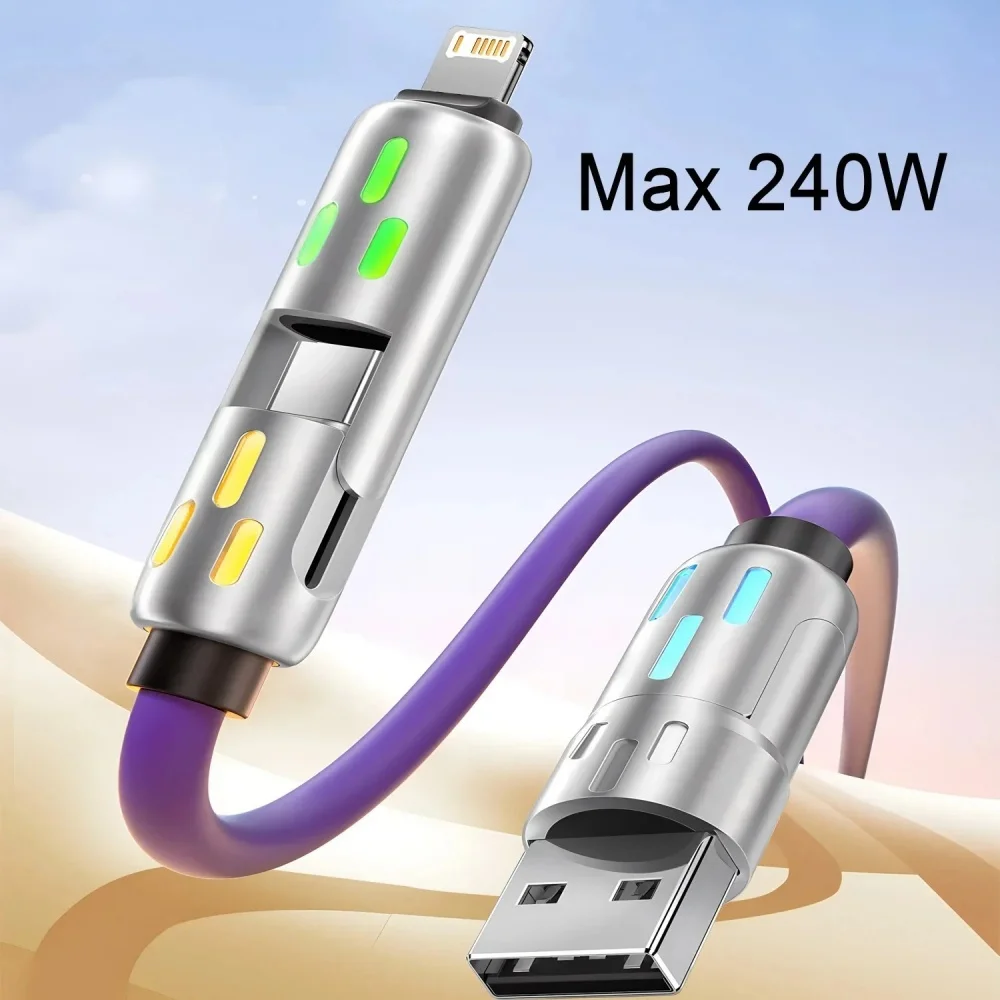 240W 4 in 1 USB C Fast Charging Cable USB To Lightning Data Cable Dual Type C Fast Charger Cable For iPhone 16 15 Samsung Xiaomi