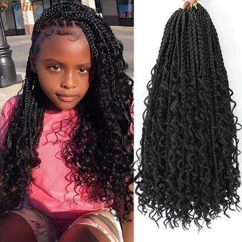 Goddess Bohemian Box Braids Crochet Hair Pre looped 18 14 Inch Boho Box Braids Soft Synthetic Braiding Hair for Black Women Kids 1