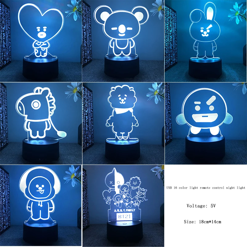 

Новинка 2024 Kawaii 18 см * 14 см Bt21 Usb 16 цветов 3D Акриловый милый мультяшный пульт дистанционного управления Сенсорная функция ночного видения креативная прикроватная лампа