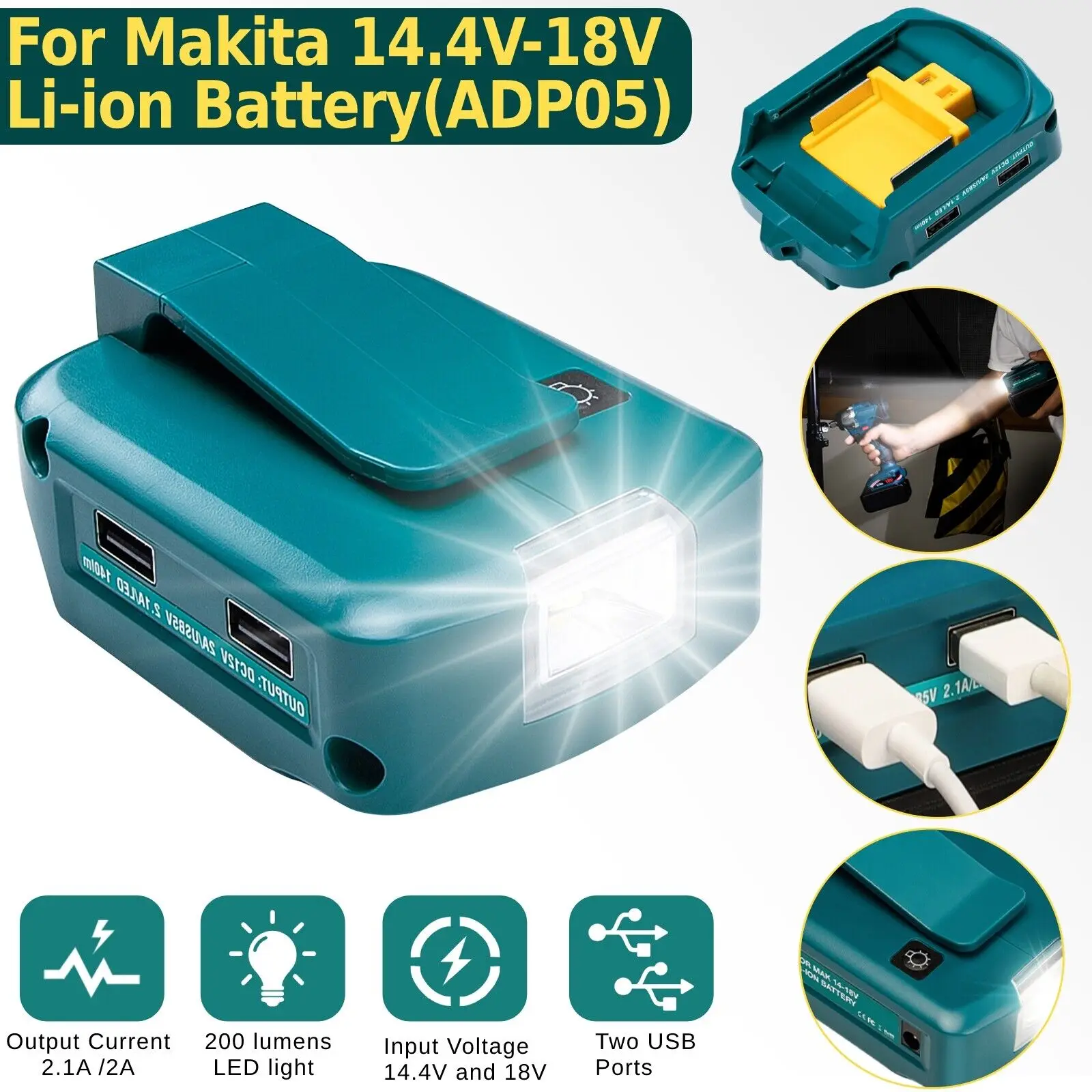 

Dual USB Charger For Makita 14.4V-18V Li-ion Battery Adapter LED FlashLight BL1830 BL1430 Converter With Lamp Spotlight Outdoors