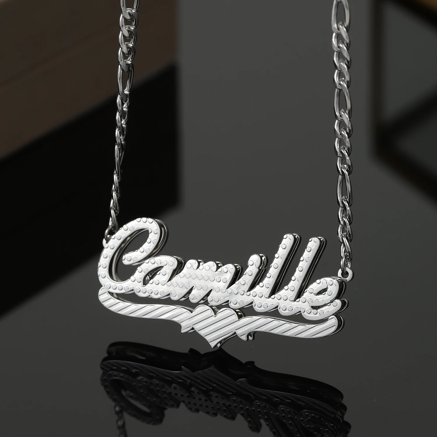 Customized Name Necklace Personalized With Figaro Chain Double Plated Stainless Steel Heart Nameplate Necklaces For Women Gifts