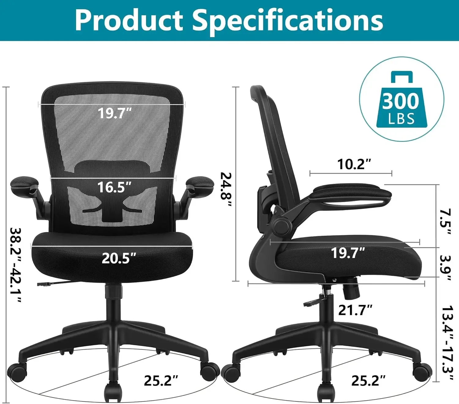 New2025-Office Chair, Ergonomic Desk Chair Breathable Mesh Chair with Adjustable High Back Lumbar Support Flip-up Armrests