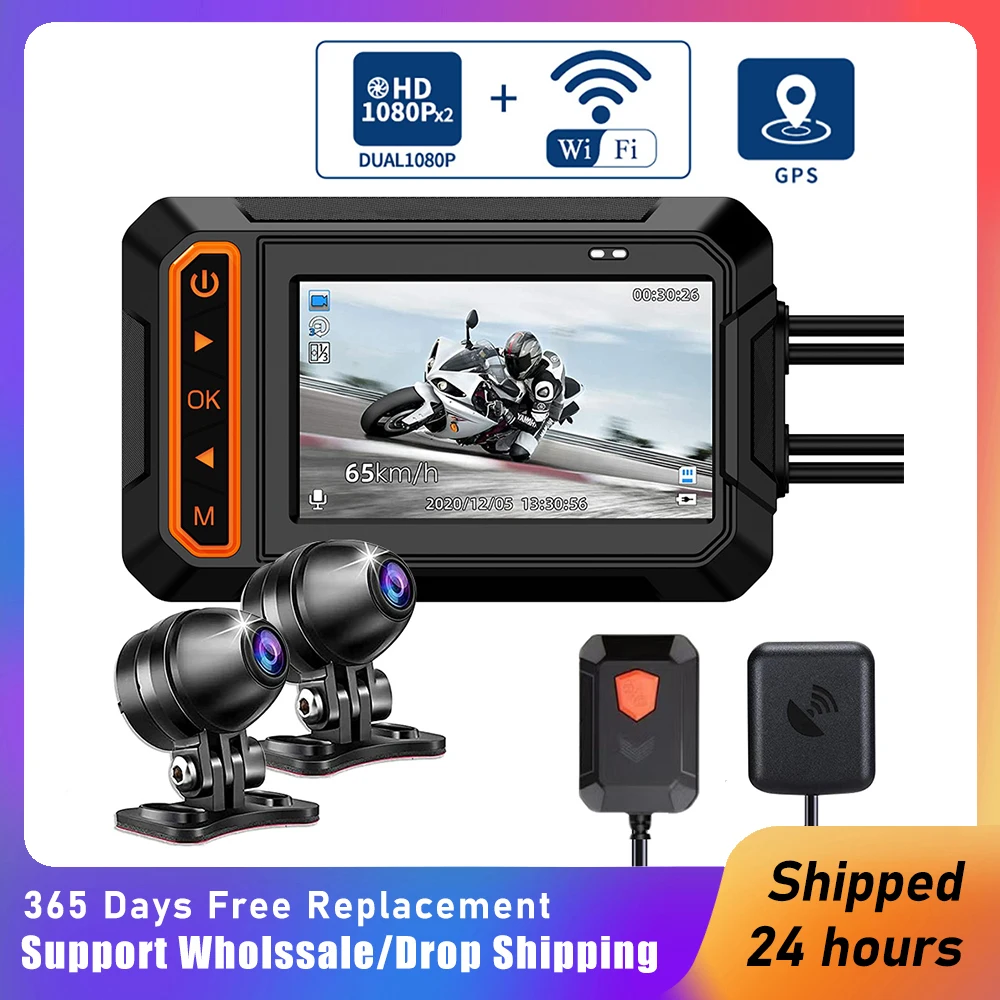 NEWMotorcycleRecorderHD1080PDualLensVideoRecorderGPSWIFIDash