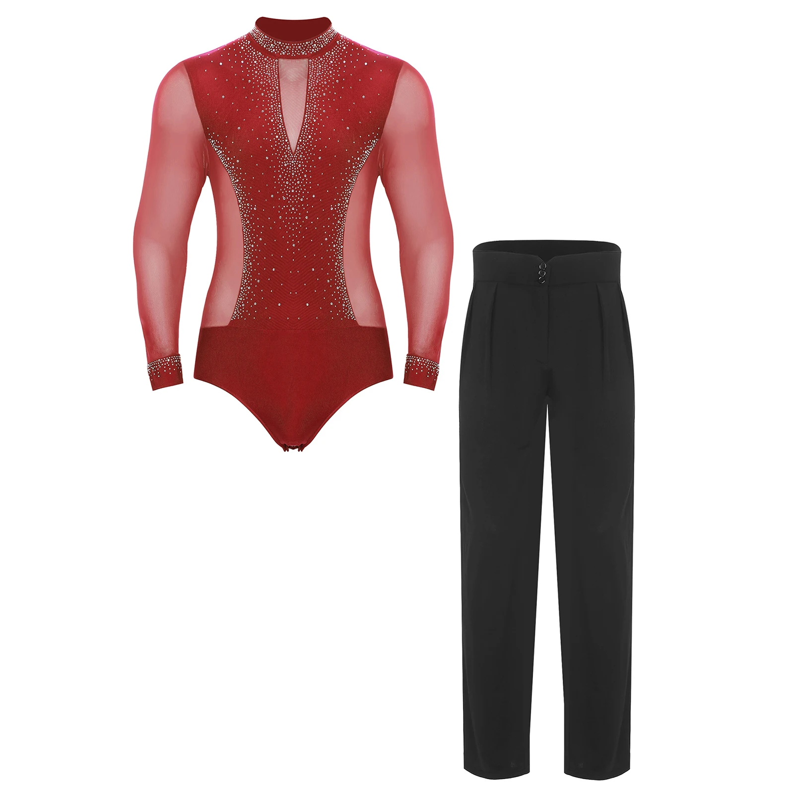 Men Dance Costumes Latin Skating Chacha Outfits Dancewear Long Sleeve Rhinestones Mesh Leotard Bodysuit and High Waist Pants - 2