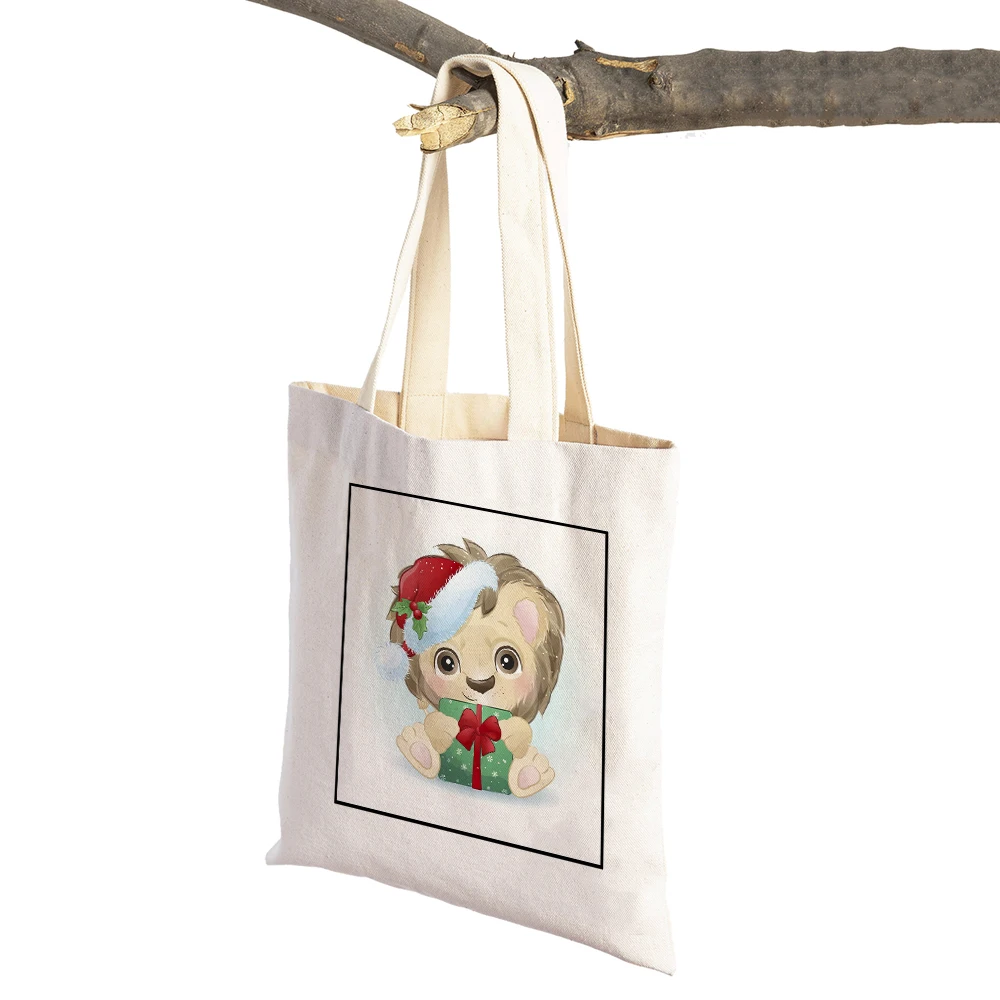 

Merry Christmas Women Shopping Bag Canvas School Bags Cartoon Fox Panda Rabbit Bear Supermarket Shopper Bags Tote Travel Handbag