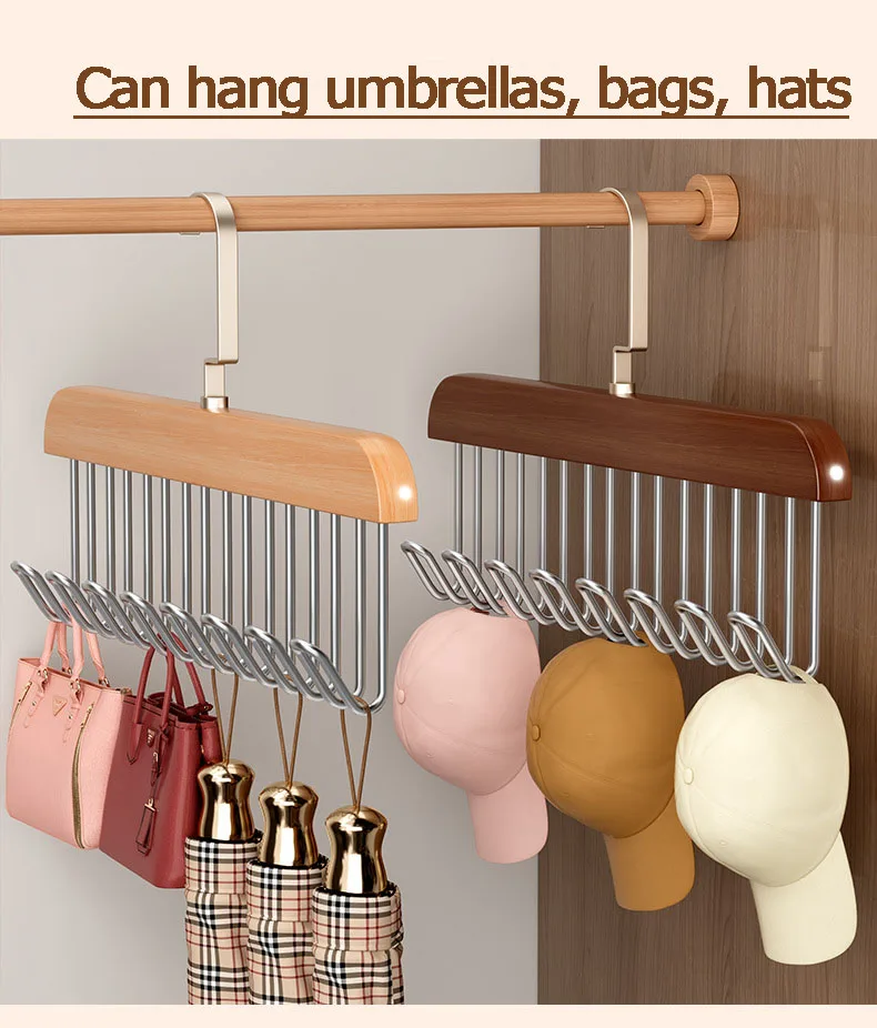 I KNOW 8 Hooks Multi-function Wood Caps Belts Hanger Storage Hanger Hook Strong Wooden Storage Rack Tie Hanging No Trace Drying Rack