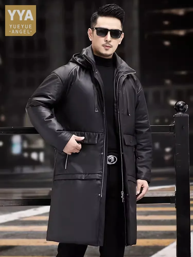 Winter Mens Cowhide Genuine Leather Down Coat Loose Fit Straight High Street Casual Outerwear Male Hooded Long Jacket Size:M-5XL electric multifunctional foshan minimalist leather sofa italian first class spacecraft straight row top layer cowhide tofu piece