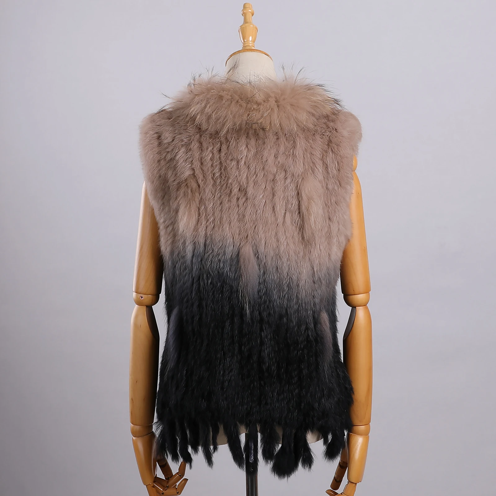 Luxury Women's Genuine Premium Long Hair Rabbit Fur Knit Vest Raccoon Fur Trim Gilet Lady Sleeveless Waistcoat Real Fur Jacket