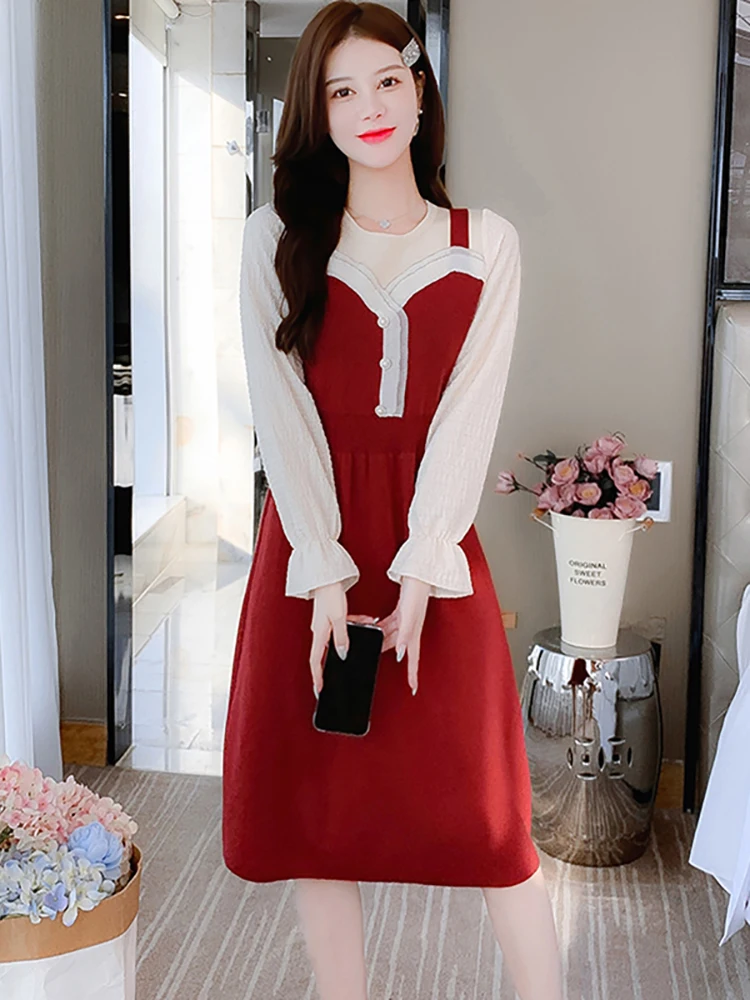 

Female Elegant Casual Sweater Dress Autumn Winter Black Knitted Patchwork Chic Ruffled Prom Dresses 2024 Korean Vintage Vestidos