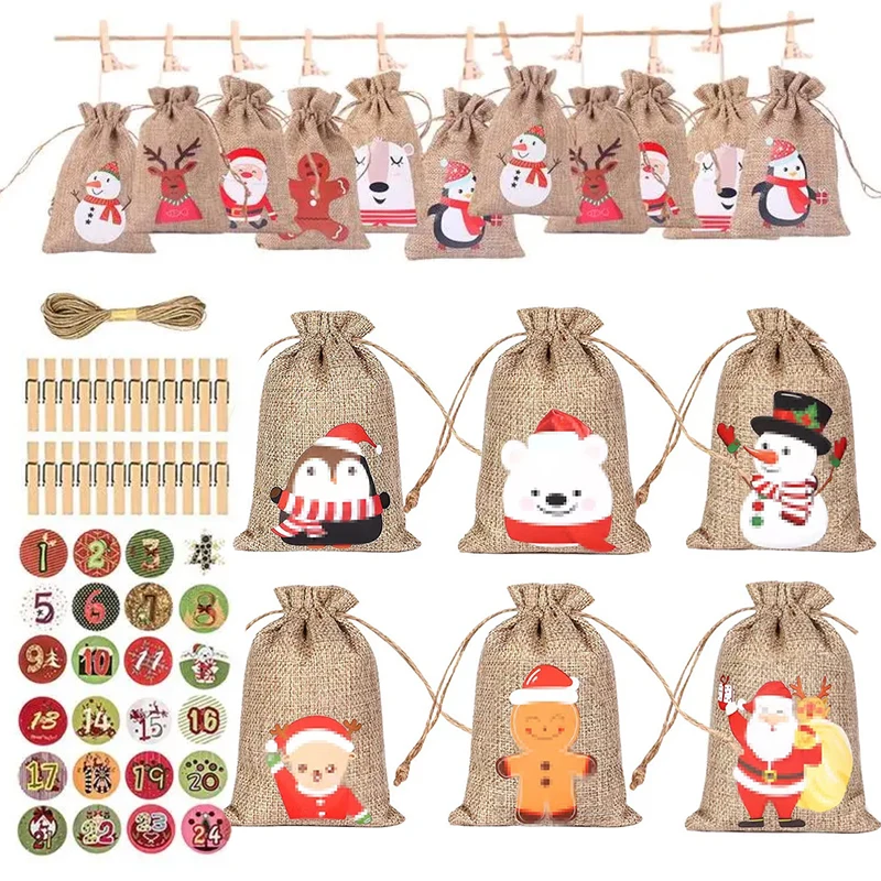 Christmas Advent Calendar Small Christmas Gift Bags Tiny Christmas Burlap Candy Bag Holiday New Year Party Favors Supplies