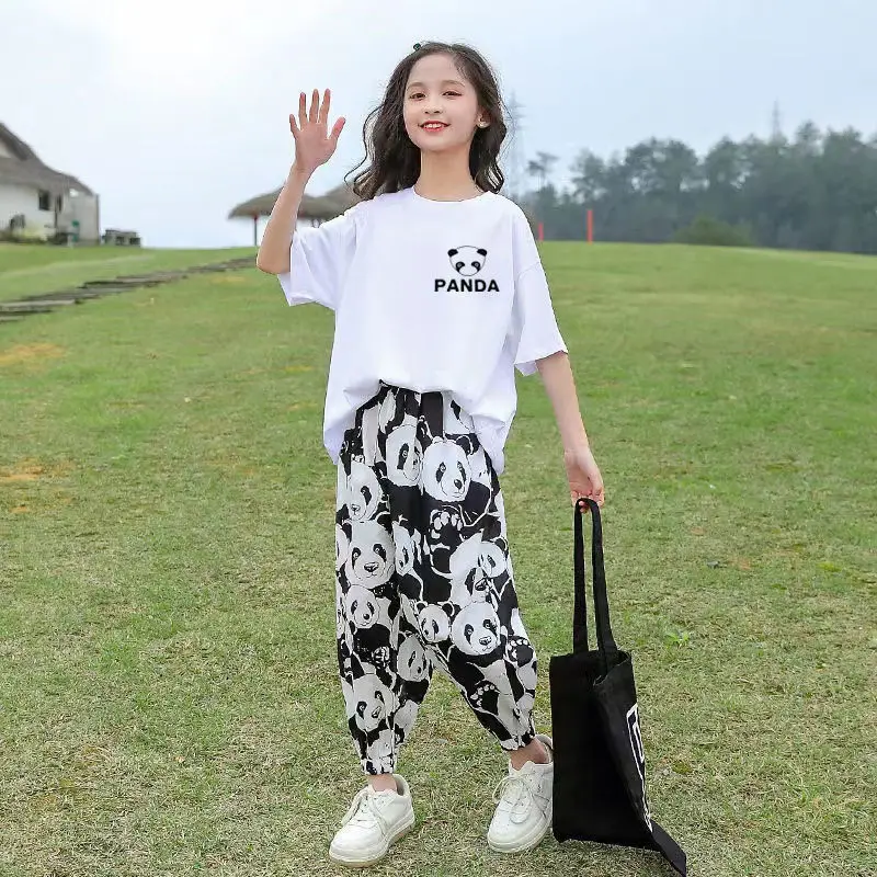 2025 여름 어린이 흰색 어린이 세트 소녀 옷 가을 짧은 팬더 느슨한 티셔츠 + 발목 넥타이 바지 십대 5 6 7 8 10 11 12 년