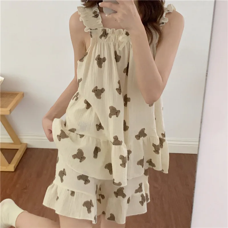 

Bear Soft Cotton Print Cartoon Sleeveless Kawaii Pajamas Set Women Elegant Casual Two Piece Set Strapless NightDress Suspenders