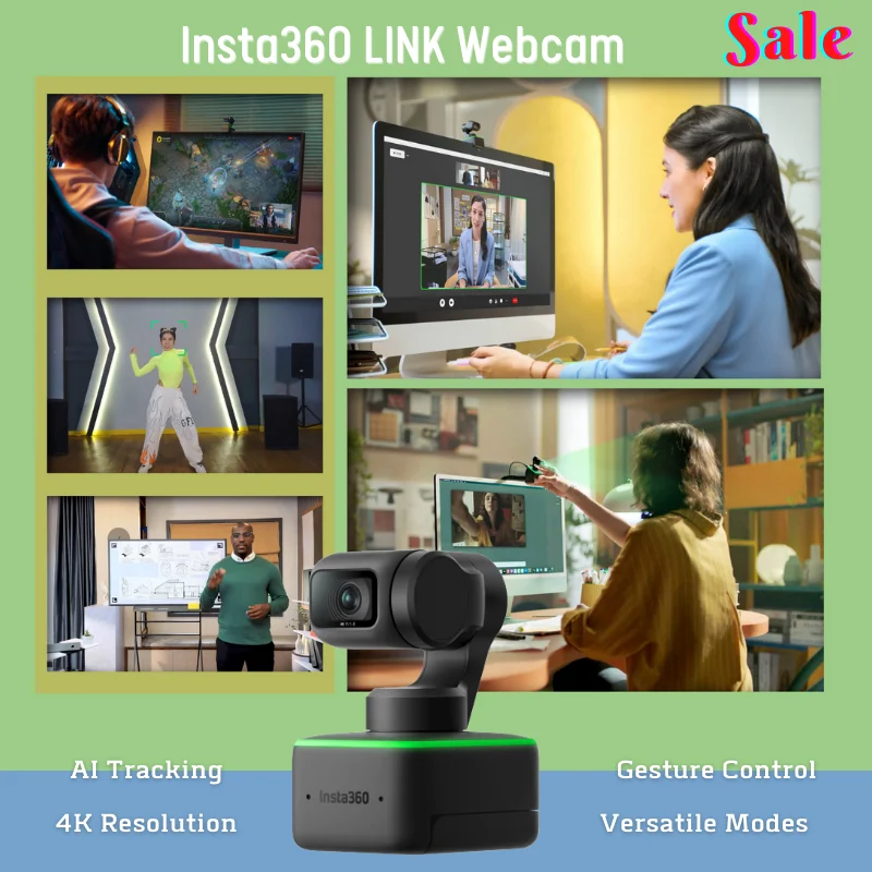 인스타 360 링크 웹캠, 4K AI 추적 제스처 컨트롤, 1/2 인치 센서, HDR 라이브 팩타임 인스타 360 오리지널 PC 카메라