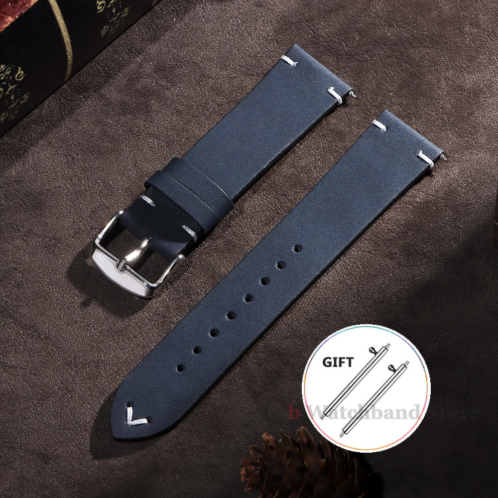 Vintage Cowhide Leather Quick Release Watch Strap with Stitching Details